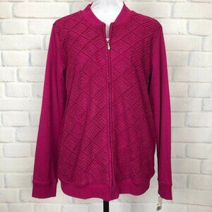 NWT Alfred Dunner Magenta Knit Zip Jacket Size 8 Crochet Lace Front